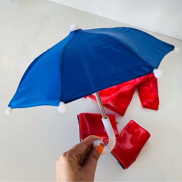 AMERICAN GIRL DOLL Red Blue White Snap Rain Jacket Coat Umbrella Boots Galoshes - Picture 2 of 9